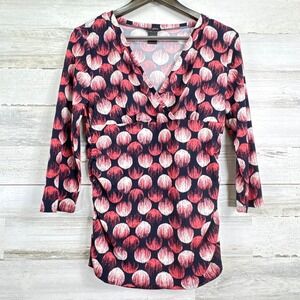 Ann Taylor Top Womens Medium Pink Navy Blue Abstract Dot Ruched Faux Wrap V-Neck